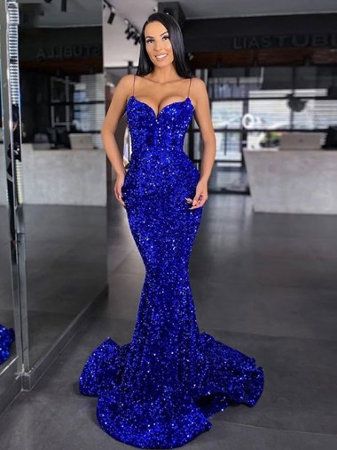 Sem Mangas Alças finas Lantejoulas Veludo Azul Real Comboio Varredela Longo Vestidos de Festa Mais Barato