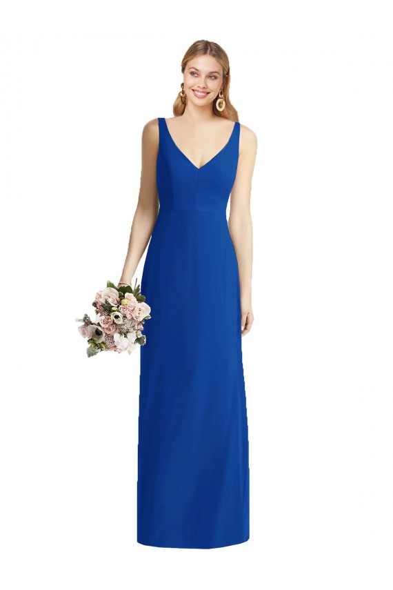 Sem Mangas Sem alças Chiffon Azul Real Comprimento Chão Vestidos de Madrinha Mais Barato