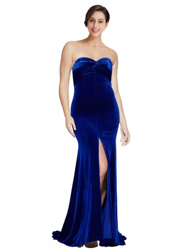 Sem Mangas Sem alças Veludo Elástico Azul Real Comboio Varredela Vestidos de Madrinha / Vestidos de Noite / Vestidos de Festa Mais Barato
