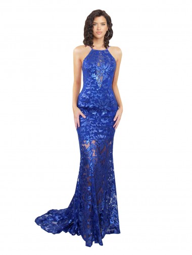 Sem Mangas Decote Alto Renda Azul Real Comprimento Chão Vestidos de Madrinha / Vestidos de Festa Mais Barato