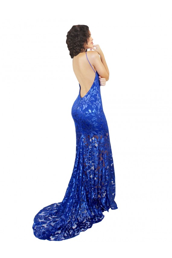 Sem Mangas Decote Alto Renda Azul Real Comprimento Chão Vestidos de Madrinha / Vestidos de Festa Mais Barato