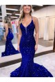 Sem Mangas Decote V Lantejoulas Veludo Azul Real Comboio Corte Vestidos de Festa Mais Barato