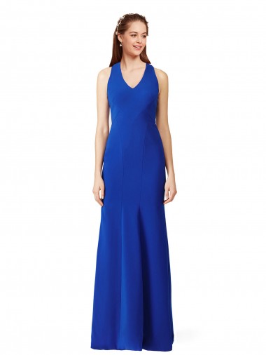 Sem Mangas Decote V Crepe Esticado Azul Real Comprimento Chão Vestidos de Madrinha / Vestidos de Noite / Vestidos de Festa Mais Barato