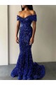 Sem Mangas Fora do Ombro Lantejoulas Veludo Azul Real Comboio Varredela Longo Vestidos de Festa Mais Barato