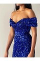 Sem Mangas Fora do Ombro Lantejoulas Veludo Azul Real Comboio Varredela Longo Vestidos de Festa Mais Barato