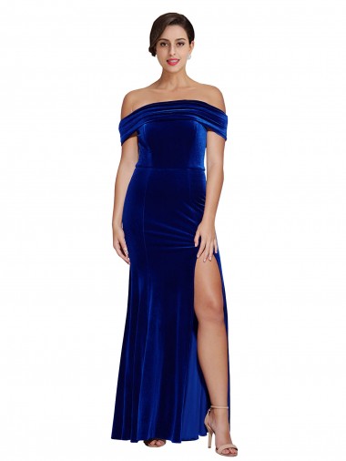 Sem Mangas Fora do Ombro Veludo Elástico Azul Real Comprimento Chão Vestidos de Madrinha / Vestidos de Noite / Vestidos de Festa Mais Barato
