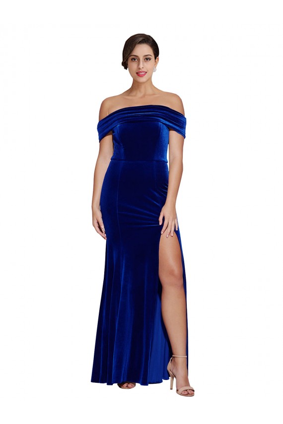 Sem Mangas Fora do Ombro Veludo Elástico Azul Real Comprimento Chão Vestidos de Madrinha / Vestidos de Noite / Vestidos de Festa Mais Barato