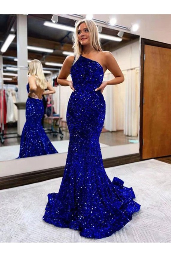 Sem Mangas Um Ombro Lantejoulas Veludo Azul Real Comboio Varredela Vestido de Festa Mais Barato
