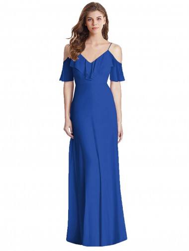 Ombro Frio Decote V Chiffon Azul Real Comprimento Chão Longo Vestidos de Madrinha Mais Barato