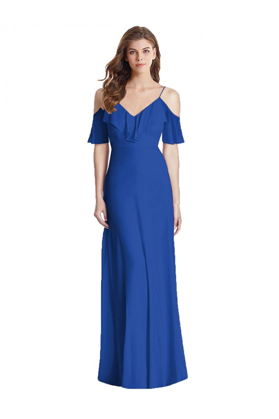 Ombro Frio Decote V Chiffon Azul Real Comprimento Chão Longo Vestidos de Madrinha Mais Barato