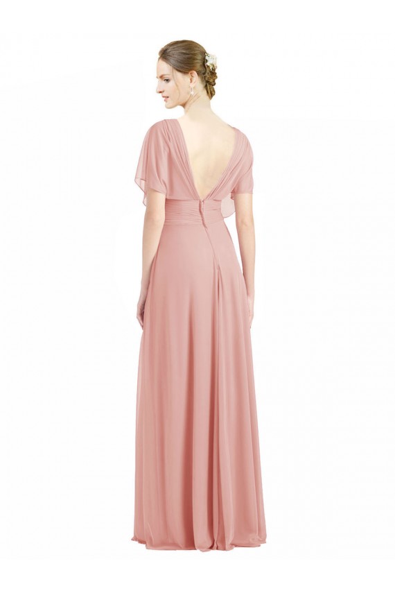 Mangas Curtas Decote V Chiffon Bliss Comprimento Chão Vestidos de Madrinha Mais Barato