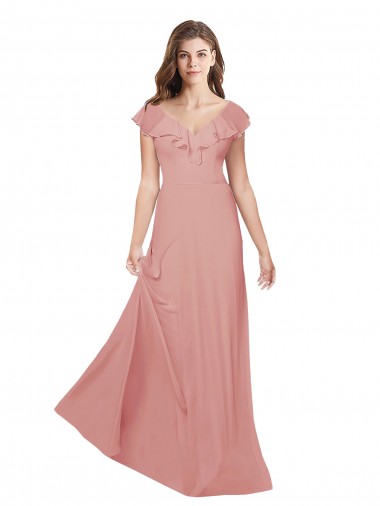 Mangas Esvoaçantes Decote V Chiffon Bliss Comprimento Chão Longo Vestidos de Madrinha Mais Barato