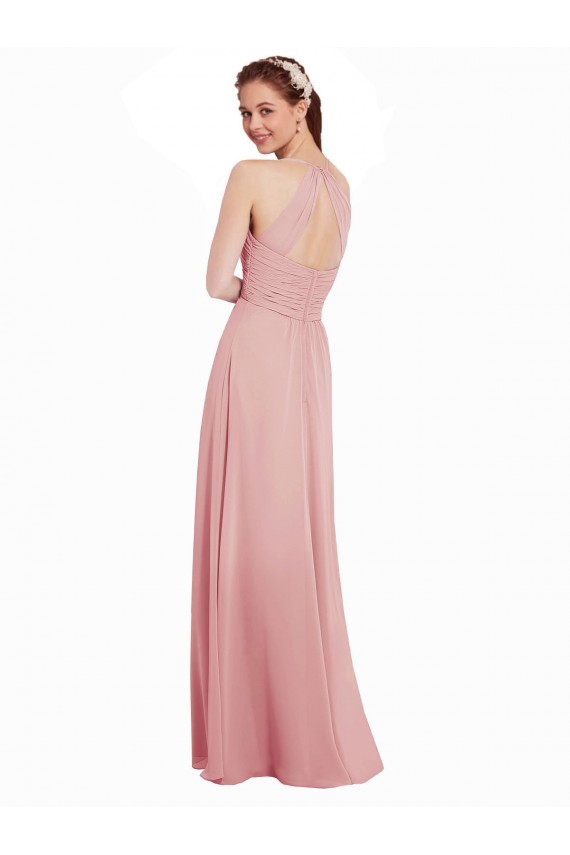 Sem Mangas Cabeçada Chiffon Bliss Comprimento Chão Vestidos de Madrinha Mais Barato