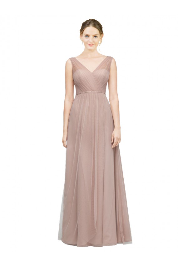 Sem Mangas Decote V Tule Blush Comprimento Chão Vestidos de Madrinha Mais Barato