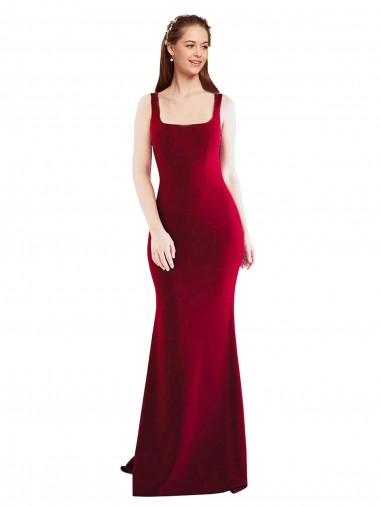 Sem Mangas Decote Quadrado Crepe Esticado Borgonha 10# Comprimento Chão Vestidos de Madrinha / Vestidos de Noite / Vestidos de Festa Mais Barato
