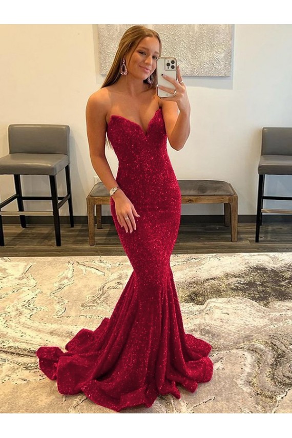 Sem Mangas Amor Lantejoulas Veludo Borgonha Comboio Varredela Vestidos de Festa Mais Barato