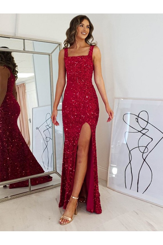 Sem Mangas Decote Quadrado Lantejoulas Veludo Borgonha Comprimento Chão Vestidos de Festa Mais Barato