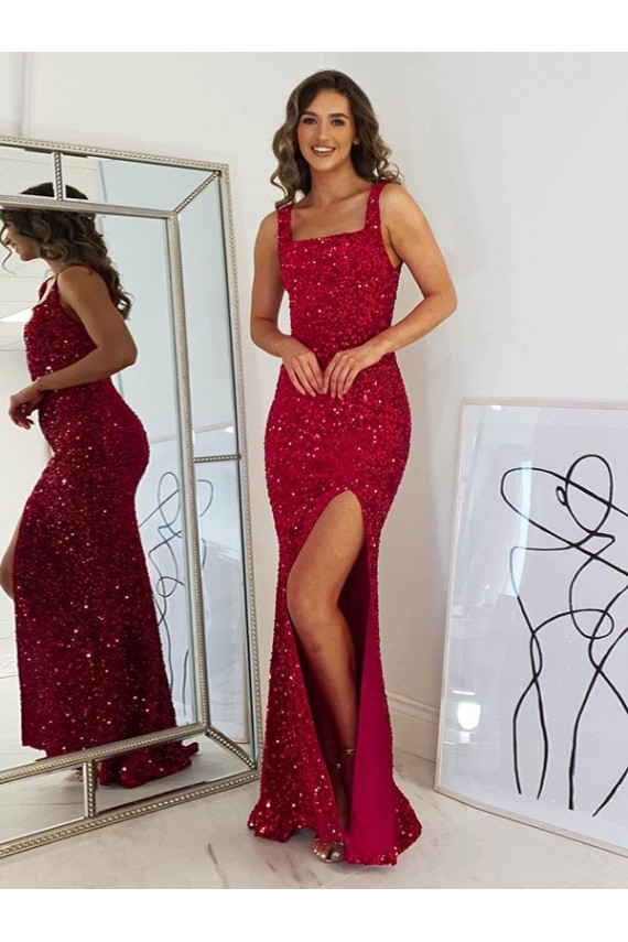 Sem Mangas Decote Quadrado Lantejoulas Veludo Borgonha Comprimento Chão Vestidos de Festa Mais Barato