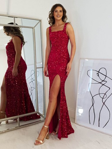 Sem Mangas Decote Quadrado Lantejoulas Veludo Borgonha Comprimento Chão Vestidos de Festa Mais Barato