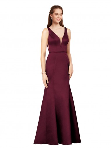 Sem Mangas Decote V Cetim Borgonha Comprimento Chão Longo Vestidos de Madrinha / Vestidos de Noite / Vestidos de Festa Mais Barato