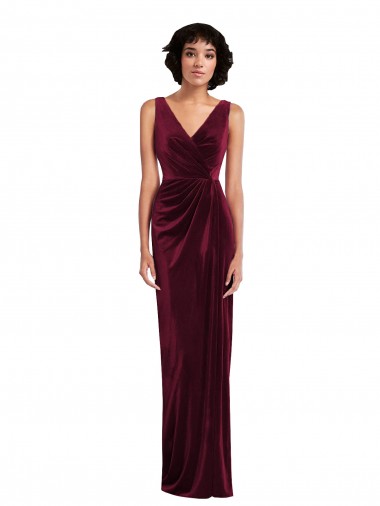 Sem Mangas Decote V Veludo Elástico Borgonha Comprimento Chão Longo Vestidos de Madrinha / Vestidos de Festa Mais Barato