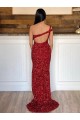 Sem Mangas Um Ombro Lantejoulas Veludo Borgonha Comboio Varredela Vestido de Festa / Vestido de Noiva Mais Barato