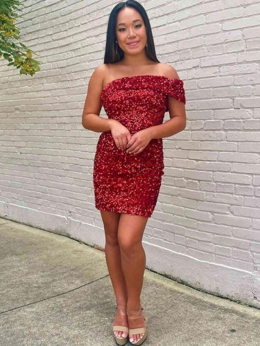 Sem Mangas Um Ombro Lantejoulas Veludo Borgonha Curto Vestidos de Festa Mais Barato