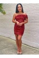 Sem Mangas Um Ombro Lantejoulas Veludo Borgonha Curto Vestidos de Festa Mais Barato