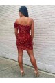 Sem Mangas Um Ombro Lantejoulas Veludo Borgonha Curto Vestidos de Festa Mais Barato