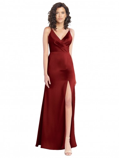 Sem Mangas Decote V Cetim Elástico Borgonha Comprimento Chão Vestido de Madrinha / Vestido de Baile Mais Barato
