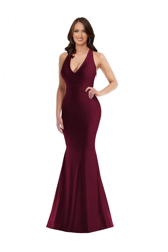 Sem Mangas Decote V Cetim Sedoso Borgonha Comprimento Chão Vestidos de Madrinha / Vestidos de Noite / Vestidos de Festa Mais Barato