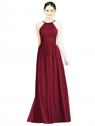 Sem Mangas Cabeçada Chiffon Borgonha Comprimento Chão Vestido de Festa / Vestido de Madrinha Mais Barato