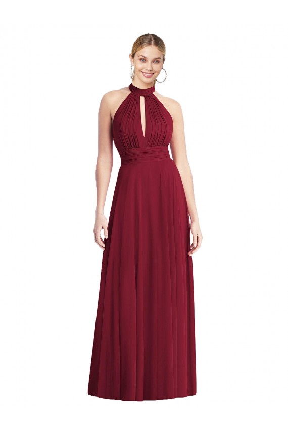 Sem Mangas Decote Alto Chiffon Borgonha Comprimento Chão Linha A Longo Vestidos de Madrinha Mais Barato