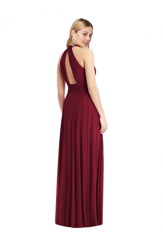Sem Mangas Decote Alto Chiffon Borgonha Comprimento Chão Linha A Longo Vestidos de Madrinha Mais Barato