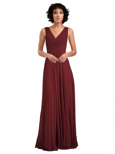 Sem Mangas Decote V Chiffon Borgonha Comprimento Chão Vestidos de Festa Mais Barato