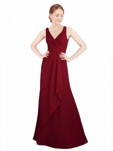 Sem Mangas Decote V Chiffon Borgonha Comprimento Chão Longo Vestido de Festa / Vestido de Madrinha Mais Barato