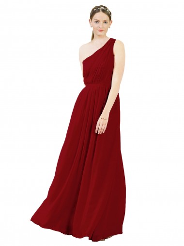 Sem Mangas Um Ombro Chiffon Borgonha Comprimento Chão Vestido de Madrinha / Vestido de Baile Mais Barato