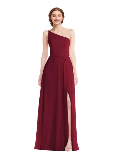 Sem Mangas Um Ombro Chiffon Borgonha Comprimento Chão Vestido de Madrinha / Vestido Formais Mais Barato
