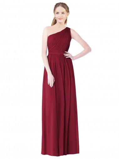 Sem Mangas Um Ombro Chiffon Borgonha Comprimento Chão Longo Vestido de Madrinha Mais Barato