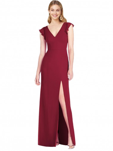 Mangas Folhos Decote V Chiffon Borgonha Comprimento Chão Vestidos de Madrinha Mais Barato