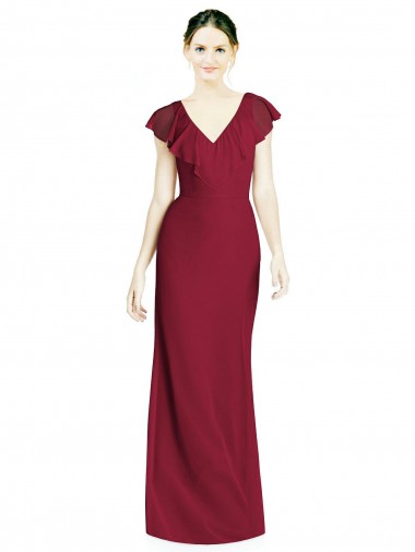 Sem Mangas Decote V Chiffon Borgonha Comprimento Chão Trombeta Vestidos de Madrinha Mais Barato