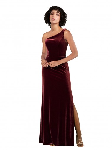Sem Mangas Um Ombro Veludo Elástico Borgonha Comprimento Chão Vestidos de Madrinha / Vestidos de Noite / Vestidos de Festa Mais Barato
