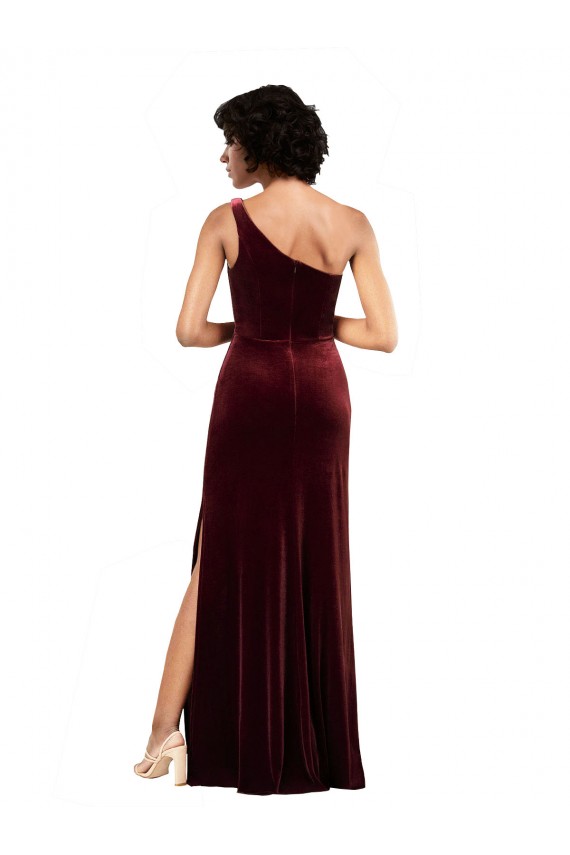 Sem Mangas Um Ombro Veludo Elástico Borgonha Comprimento Chão Vestidos de Madrinha / Vestidos de Noite / Vestidos de Festa Mais Barato
