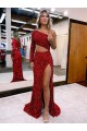 Mangas Compridas Um Ombro Lantejoulas Veludo Borgonha Comboio Varredela Vestidos de Festa Mais Barato