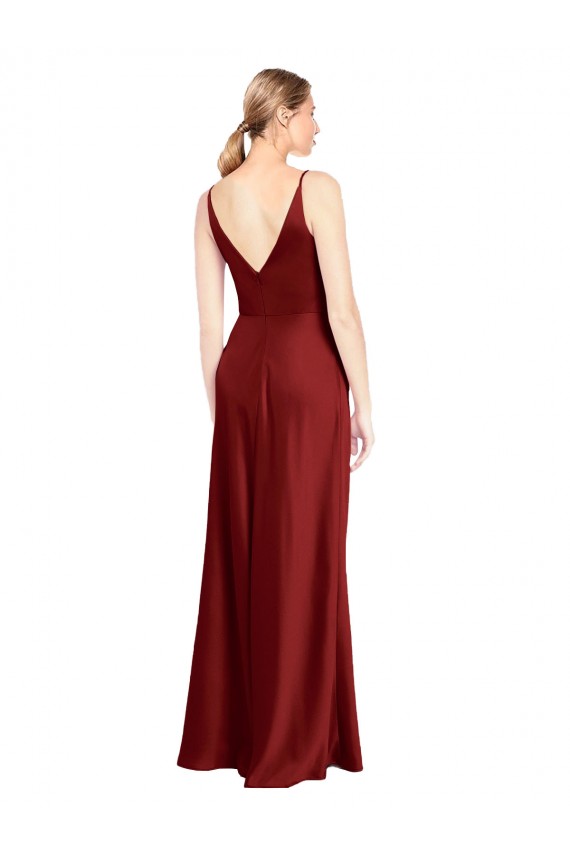 Sem Mangas Decote V Cetim Elástico Borgonha Comprimento Chão Vestidos de Madrinha / Vestidos de Noite / Vestidos de Festa Mais Barato