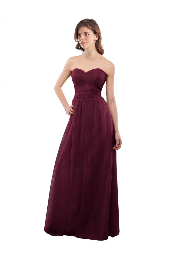 Sem Mangas Sem alças Tule Borgonha Comprimento Chão Vestidos de Madrinha Mais Barato