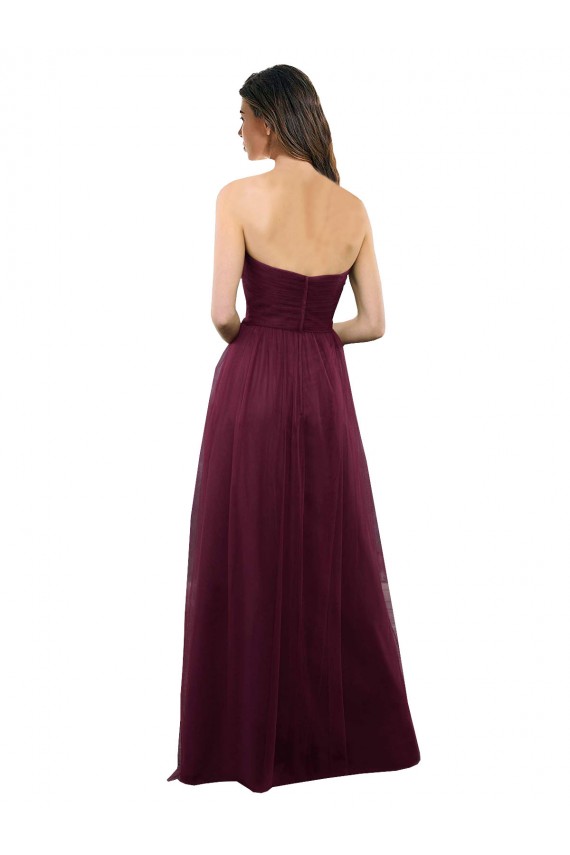 Sem Mangas Sem alças Tule Borgonha Comprimento Chão Vestidos de Madrinha Mais Barato