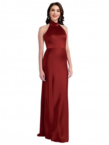 Sem Mangas Cabeçada Cetim Elástico Borgonha Comprimento Chão Vestidos de Madrinha / Vestidos de Noite / Vestidos de Festa Mais Barato