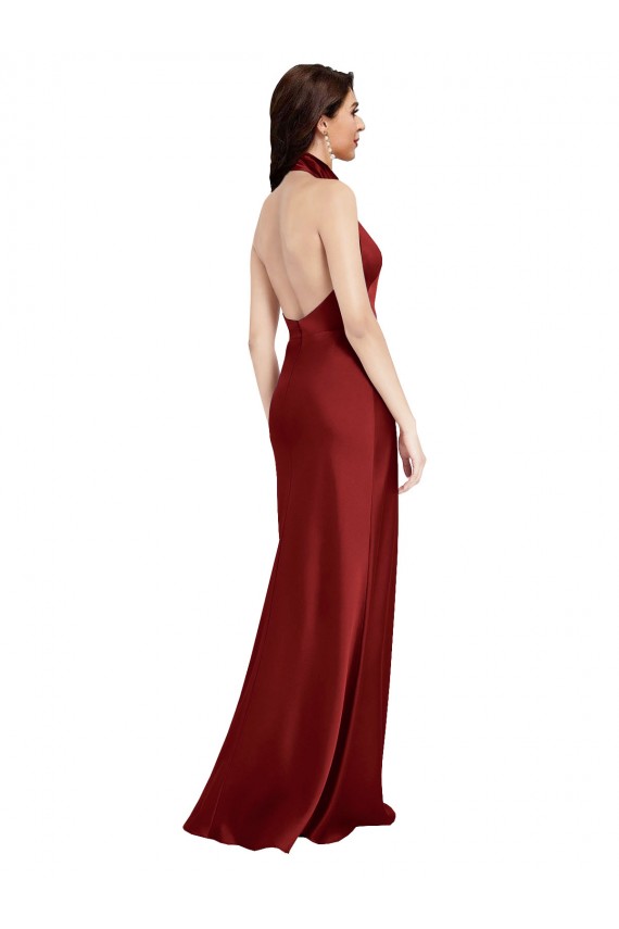 Sem Mangas Cabeçada Cetim Elástico Borgonha Comprimento Chão Vestidos de Madrinha / Vestidos de Noite / Vestidos de Festa Mais Barato