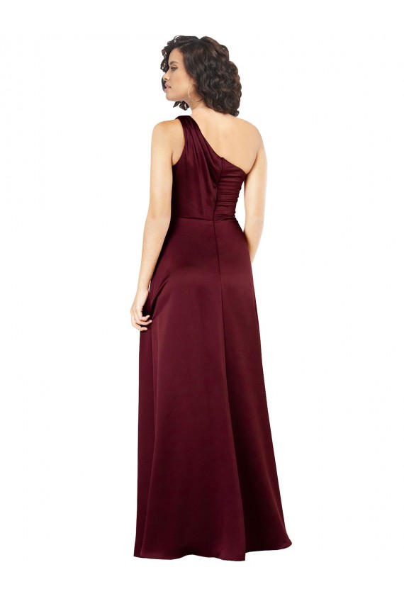 Sem Mangas Um Ombro Cetim Sedoso Borgonha Comprimento Chão Vestidos de Madrinha / Vestidos de Noite / Vestidos de Festa Mais Barato